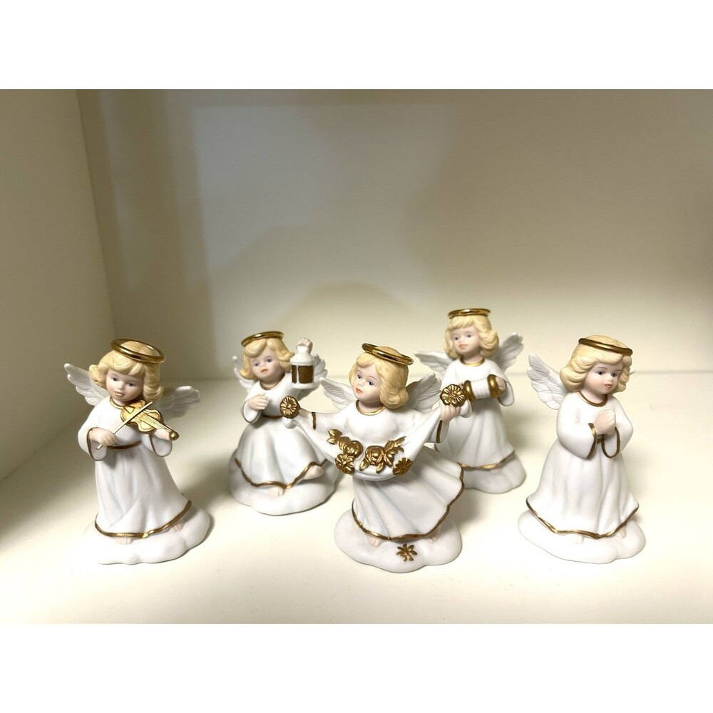 Set of 5 Bronson Collection Angels Golden Halos and Blessing Figurines